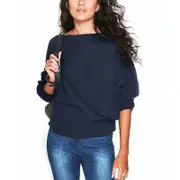 Loose Bat Sleeve Boat Neck Knit Women's Sweater Pullover Jumper - Navy Blue