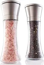Stainless Steel/Glass Pepper Grinder Pepper Mill Salt and 304 Food Grade Stainless Steel Pepper/Sesame Grinder Adjustable Coarseness Black Pepper Grinder with lid, 2 Pieces