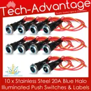 10 x 12v 20A On/Off Stainless Steel BLUE LED Halo Switches - Boat RV Campervan