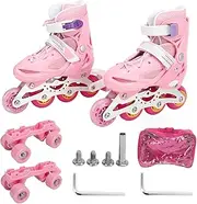 Kids Electric Double Row Inline Skates - Adjustable Stability With Safe Braking System for Girls, Indoor Outdoor Pink Size 31-34
