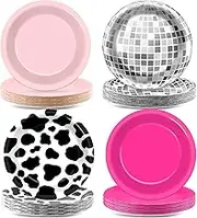 48Pcs Western Cowgirl Party Paper Plates Cow Print Party Supplies 7Inch Hot Pink Disco Ball Disposable Dessert Plates for Cowgirl Theme Birthday Bachelorette 80s 90s Disco Party Decorations Favors