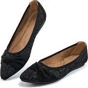 [Ablanczoom] Dress Shoes for Womens Flats: Dressy Comfortable Pointed Toe Bow Lace Mesh Ballet Flat Wedding Bridal Shoe for Women, Black, 10