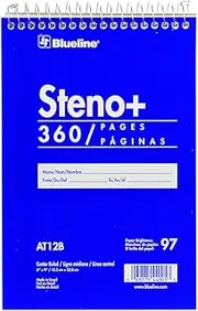 Blueline Steno Note Pad, Spiral Top Binding with Flexible Blue Cover, 6" x 9", 360 Pages (AT12B)