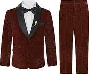LOLANTA 4Pcs Boys Suits, Shiny Performance Tuxedo Kids Glitter Blazer and Pants with Shirt for Christmas Wedding 5-12 Years