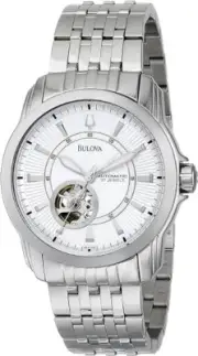 Bulova 96A100 Mens Automatic Stainless Steel Skeleton CaseBack Silver Tone Watch