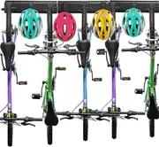 Bike Storage Rack with 5 Racks & 4 Hooks - Wall Mount for Garage Space Saving
