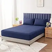 LINENOVA Luxury Cotton Blend Fitted Sheet Only- Soft & Breathable Single Size Fitted Sheet with 40cm Deep Pocket - Shrinkage & Fade Resistant - Navy(1 Piece)