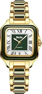 [Diella] Rectangle Women's Watch, Automatic Self-Winding Jade & Stainless Steel Watches for Women, Roman Numerals Analogue Watch with Date, Waterproof (Model:AD6027L)