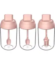 Set of 3 Spice Jars 8.45 oz Salt Sugar Glass Condiment Pots with Spoon (Pink)