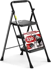 [HBTower] 3 Step Ladder, Folding Step Stool with Wide Anti-Slip Pedal, Sturdy Steel Ladder, Convenient Handgrip, Lightweight, Portable Steel Step Stool, Black