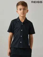 Reiss Navy Elio 3-9 yrs Wave Jacquard Cuban Collar Shirt (AP0283) | $60