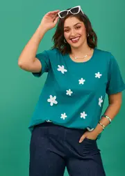 [Virtuelle] Taking Shape Cotton Crochet Flower T-shirt Size 20 in SEA Jade - Plus Size Women's Clothing Sea Jade