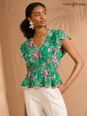 V&A I Love & Roses Green Floral Print Flutter Sleeve Tea Top (AV1113) | $83