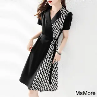 【MsMore】設計感西裝式收腰顯瘦A字拼接法式復古連身裙短袖長版洋裝#116684(黑色)