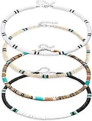 [ORNAROVI] 4 Pcs Puka Shell Necklace for Men, Summer Beach Necklace for Women and Men, Brown Coconut Shell Beaded Necklace, Mens Surfer Necklace Choker, Hawaiian Necklace for Men Women