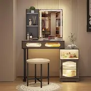 LVSOMT Vanity Desk with Mirror and Lights for Girls Gift, Small Makeup Vanity with Voice Activation & Wireless Charging, Dressing Table with Lighting Mirror for Bedroom, Children's Room (Matt Gray)