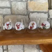 Christmas Stemless Wine Glasses Set of 4 Clear Santa Designs Acrylic BPA FREE
