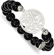 [JewelryWeb] Stainless Steel Polished Tree Of Life 8mm Black Agate Beaded Stretch Bracelet-Stretch-Bracelet for Women