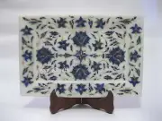 White Marble Pizza Platter Lapis Lazuli Stone Inlay Work Serving Tray 9x6 Inches