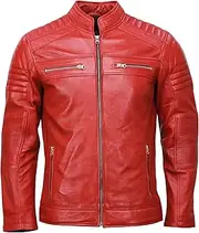 Vintage Waxed Cafe Racer Motorcycle Leather Jacket Men - Lightweight Sheep Skin Learher Bikers Jacket, Red, XX-Large