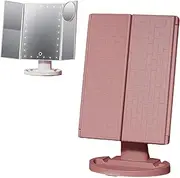 Tri-Fold LED Makeup Mirror | Portable Tabletop Vanity Mirror | Stepless Dimming | 1X/2X/3X Magnification + 10X Small Mirror | Home & Travel Makeup Tool (Rose Gold)