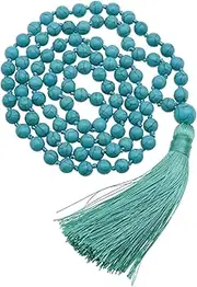 [SING F LTD] 8mm Turquoise Necklace Boho Vintage Long Beaded Tassel Handmade-Knotted Retro Necklace Round Ball Bead Gemstone Pendant Jewelry for Women 52cm
