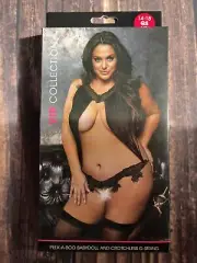 VIP Women Black Peek-a-boo Baby Doll and Crotchless G-String Lingerie Size 14-18