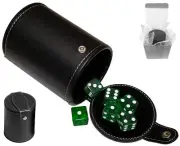 Set 6 Transparent Green Dice + PU Leather Black Felt Lined Cup Compartment Boxed