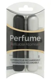 PRESSIT REFILLABLE PERFUME ATOMISER DUO PACK - BLACK & SILVER. NEW