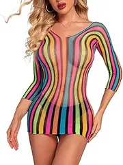 [ABEHIK] Rainbow Bodysuit Lingerie for Women Sexy Rave Music Festival Outfit Colourful Clubwear Sleepwear Lingerie Mesh Top Bikini Cover Up