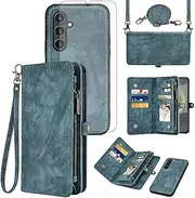 [Asuwish] Mobile Phone Case for Samsung Galaxy S24 5G Case with Strap Film Screen Protector Card Slot Foldable Leather Flowers Wallet Stand S 24 24S S24 Case Mobile Phone Cases Protective Wallet Cover