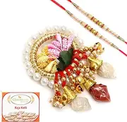 Ghasitaram Gifts Rakhi Gifts Pooja Thali - RM683 Tika Chawal Container with 2 Pearl rakhis with 400 GMS of Kaju katli