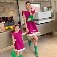 在飛比找ETMall東森購物網優惠-玫紅飛袖韓版女童火龍果親子裝