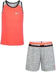 [Nike] Girl`s Color Block Tank Top & Spacedye Shorts 2 Piece Set (Black Heather(36E882-K08)/Pink, 6X)