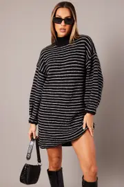 Black Stripe Knit Dress Long Sleeve Turtleneck Oversized - Size M, Women's Knit Dress