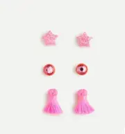 New Crewcuts Girls Neon Tulip Pink Star Stud Tassel Earrings 3-pack Set