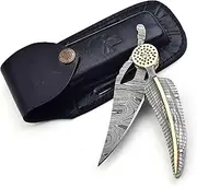 Generic Folding Pocket Knife with Leaf Style Blade, Hand Forged Damascus Steel, 3 Inches, Leather Handle, Ambidextrous, Reusable, Hunting, Outdoor Activities, 2024, Hand Wash Only, Holster Included
