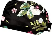 [FVQL] Pack of 2 Surgical Cap Scrub Cap with Buttons, Retro Pattern Flower