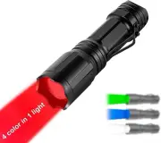 Upgraded Zoomable Red Flashlight, 4 Color in 1 Flash Light, Green Red Blue White
