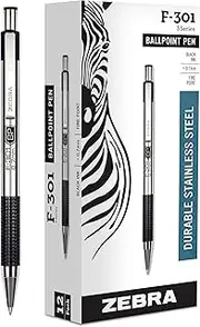 Zebra Pen F-301 Retractable Ballpoint Pen, Stainless Steel Barrel, Fine Point, Black Ink, 12-Pack, Model Number: 27110