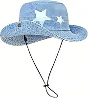 [GREUS] Vintage Denim Cowboy Hat for Women Men Western Star Print Bucket Hat Wide Brim Outdoor UV Protection Sun Hats Hiking Fishing