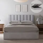 Ormond King Taupe White Velvet Gas Lift Storage Bed Frame