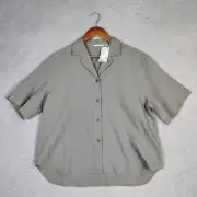 Uniqlo Shirt Women Medium Olive Linen Blend Open Collar Short Sleeve Classic NWT