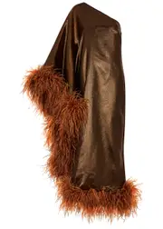 Taller Marmo Ubud Feather-trimmed Lamé Maxi Dress - Brown - 44 (UK12 / M) 44 (UK12 / M)