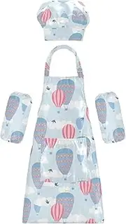 AIXIWAWA Kids Apron Chef Hat Set, Child Kitchen Bib Aprons Adjustable for Cooking Baking Painting (Clouds Air Balloons)