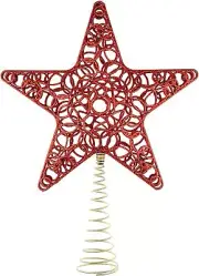11 Inch Glitter Treetop Christmas Star Holiday Home Décor, Red Gold