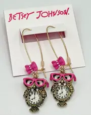 Authentic Betsey Johnson NWT Owl Pink Glasses Clock Drop Earrings Back to School