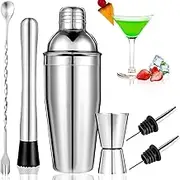 Emapoy 6 Piece Cocktail Shaker Set, 24oz Shaker Strainer Muddler Jigger Mixing Spoon Pour Spout Bartender Kit, Stainless Steel Bar Set