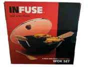 Infuse Carbon Steel 4 Pc Nonstick 14” Wok Set Bamboo Handle Induction Ready￼