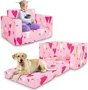 Beavtaens Kids Couch, 2-in-1 Kids Fold Out Sofa, Convertible Toddler Couch to Lounger for Girls and Boys, Soft Toddler Chairs Comfy 1-3 Years Old(Pink Heart)